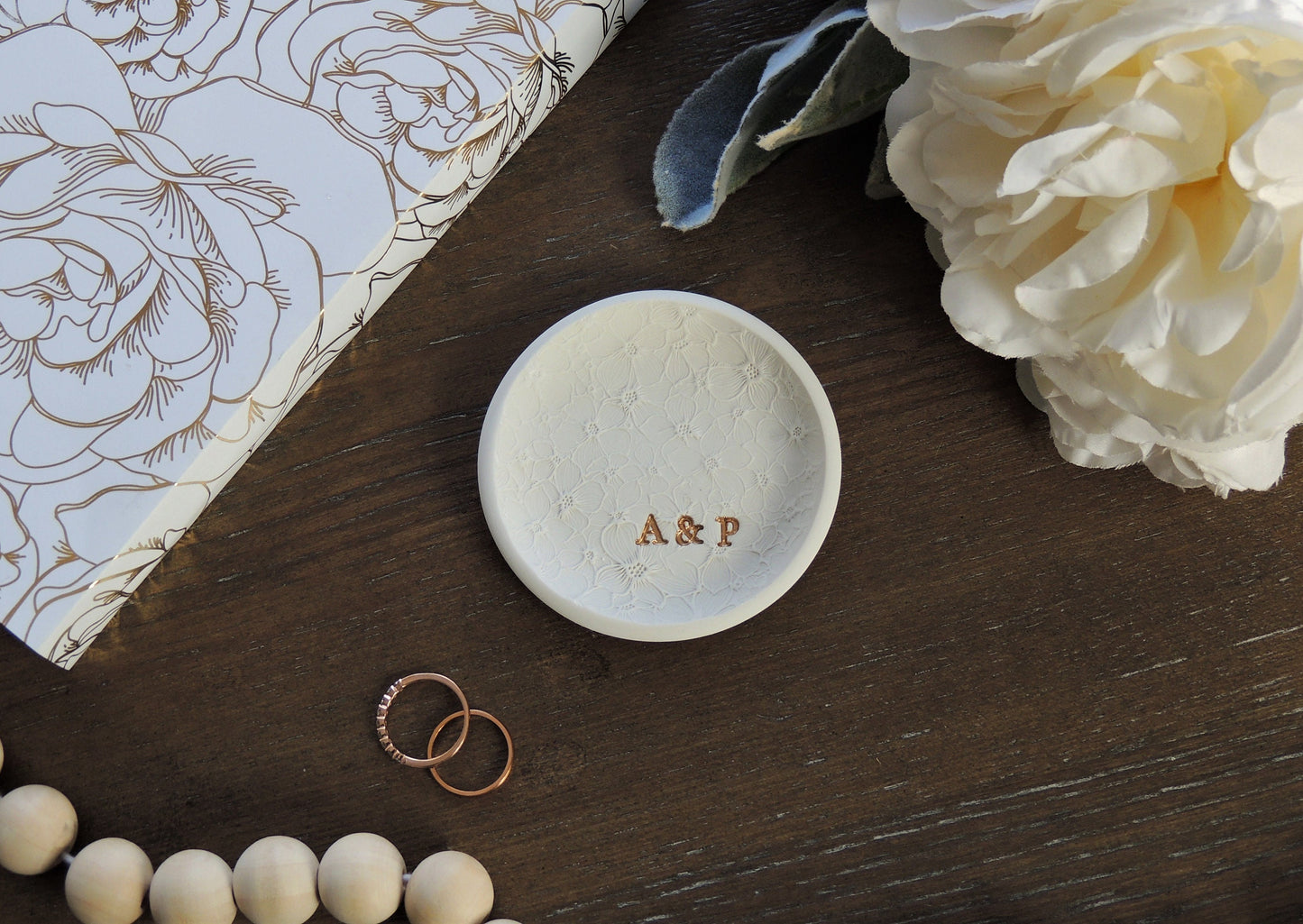 personalized bridal ring dish with floral embossed pattern and gold foil initials