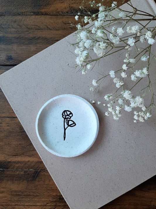 dainty floral ring dish in white with black design