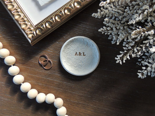 ring dish with floral pattern and custom initials for wedding gift