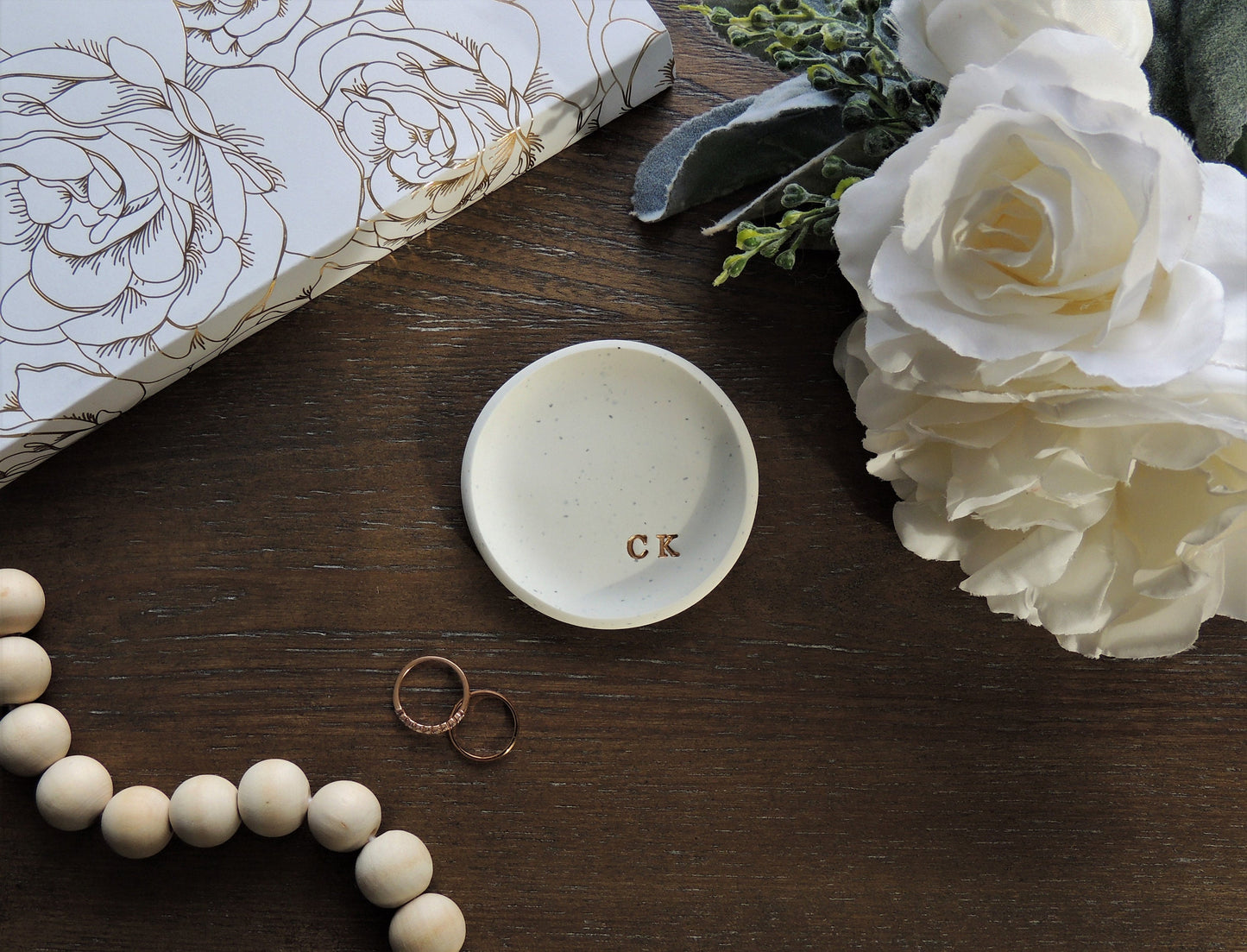 simple white speckled clay ring dish with initials in bottom right in gold foil, gift for him