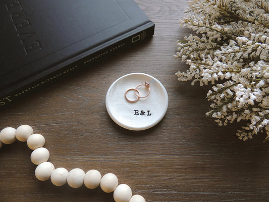 ring dish in white with simple initials, perfect gift for couples