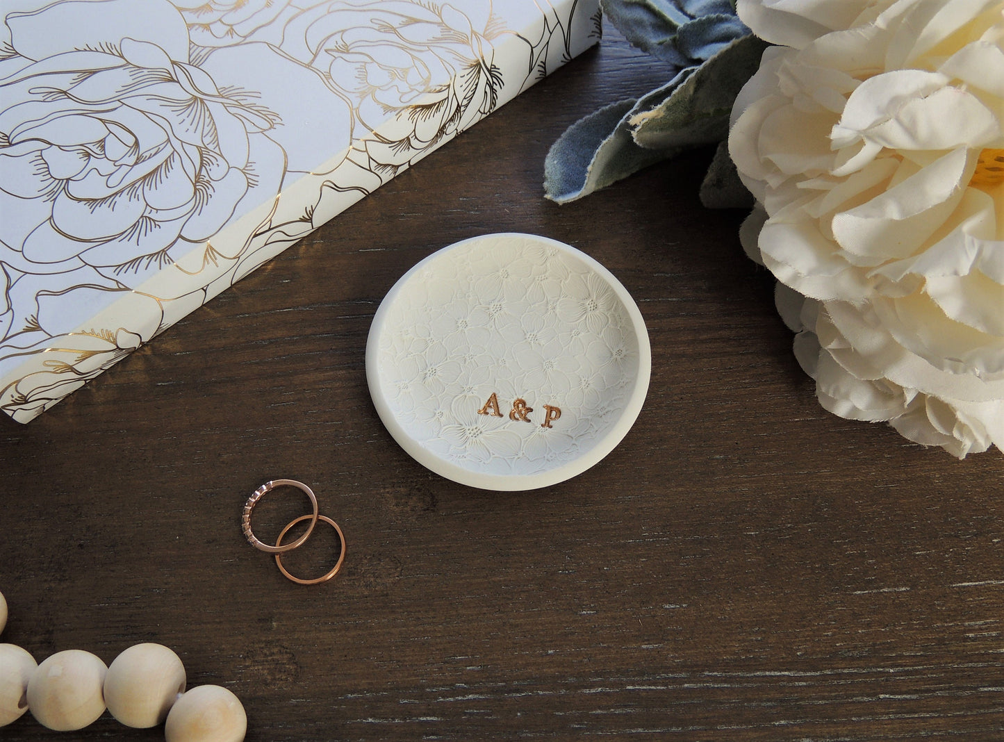 floral themed ring dish with floral embossed pattern and gold foil initials, gift for bride