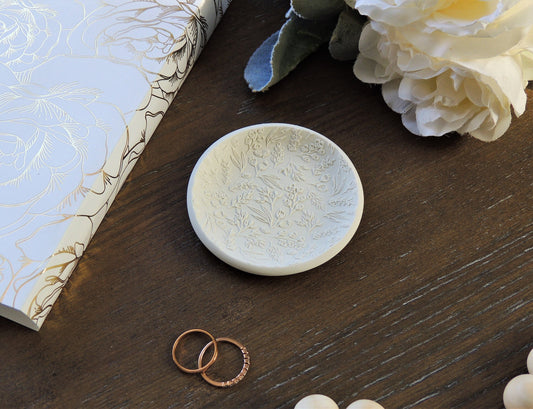flat lay kit ring dish for wedding photographers with floral lacey pattern