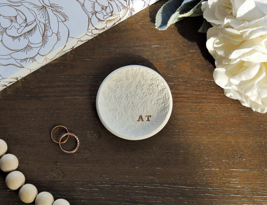 perfect gift for her on wedding day, personalized white clay ring dish with initials