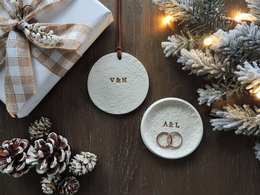 matching gift set for bride and groom, ring dish and ornament with personalized initials
