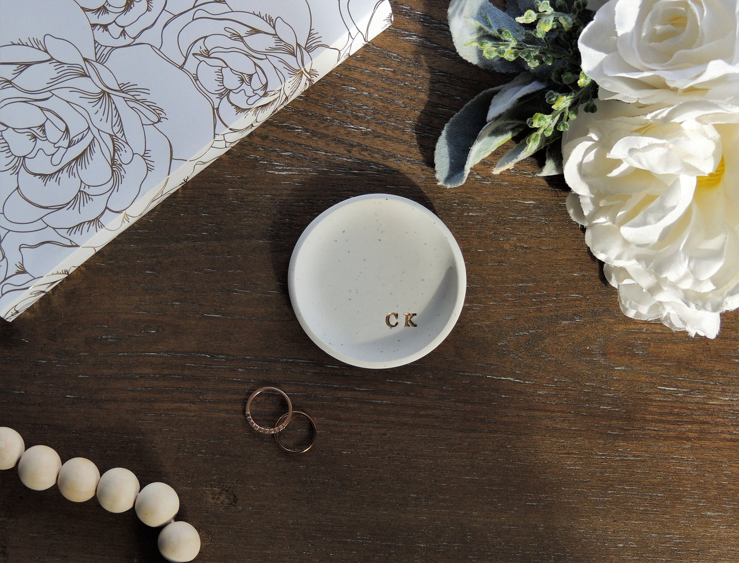 perfect ring dish for him, ring dish for groom, simple white and gold dish