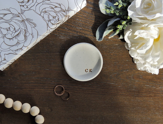 perfect ring dish for him, ring dish for groom, simple white and gold dish