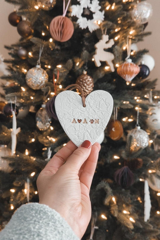 heart shape family theme ornament with personalized initials