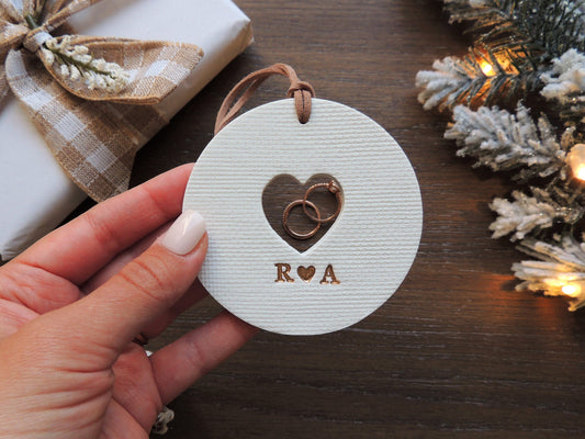 gold personalized white ornament with heart cut out