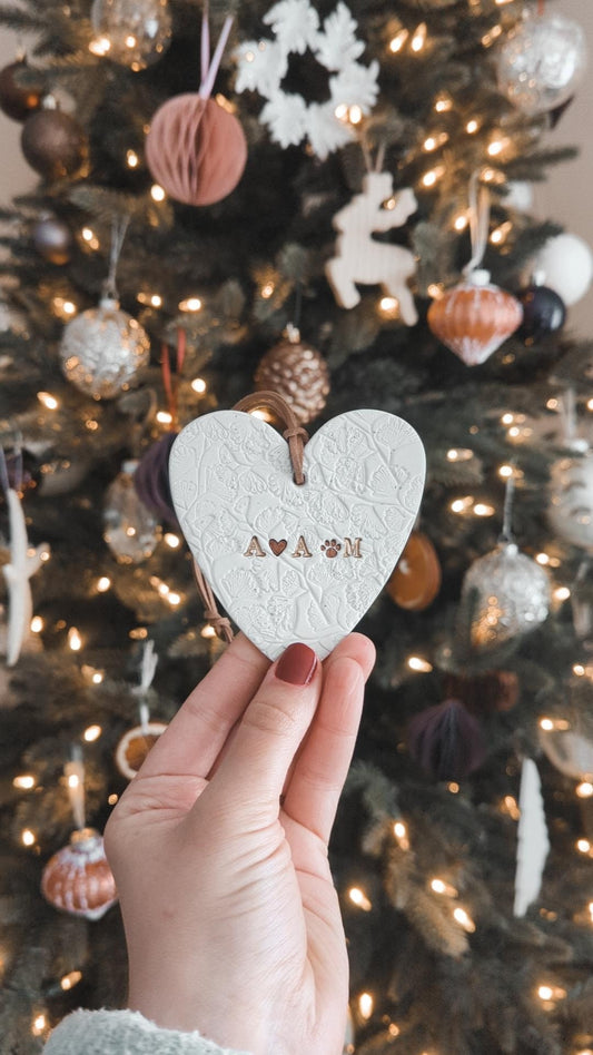 heart shape family theme ornament with personalized initials