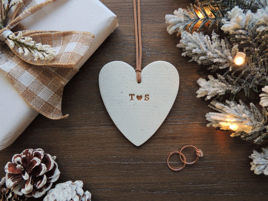 custom heart shaped ornament with couple's initials