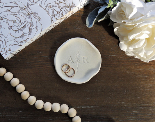 custom modern white ring dish with leaf design and personalized initials