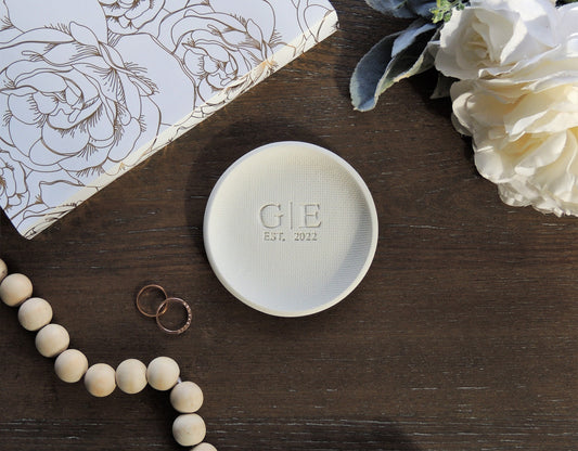 vintage simple white ring dish with personalized initials in center