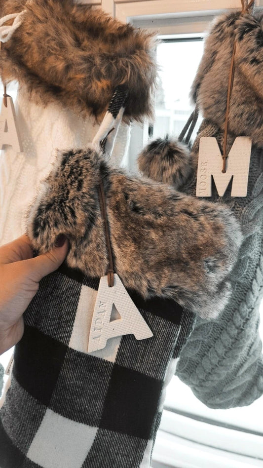 stocking tags or ornaments in letter shapes with names custom gifts