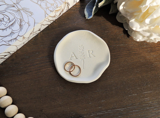 custom modern white ring dish with leaf design and personalized initials