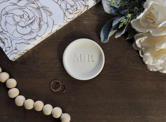 modern white ring dish with custom initials for wedding couple