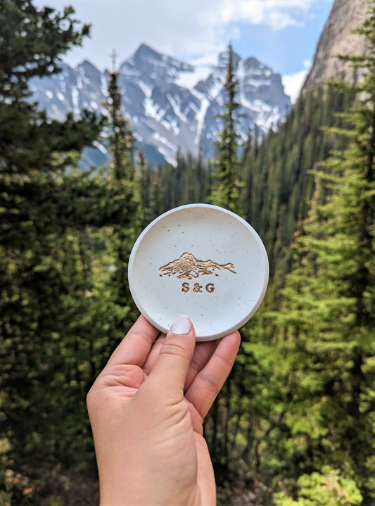 gold foil mountain ring dish with personalized initials for couples