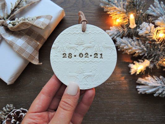 perfect gift ornament with date and holiday pattern