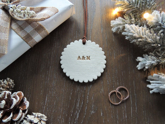 custom white ornament with gold detailing, perfect gift for couples