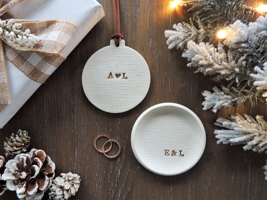 simple white ornament and ring dish set with custom initials in rose gold, gift for couples