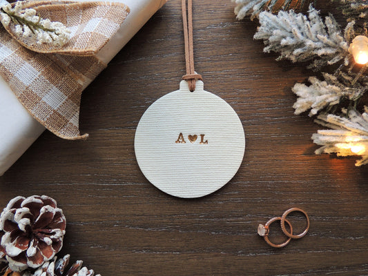 simple circular christmas ornament with initials in center