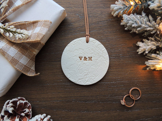 white botanical pattern ornament with personalized initials 