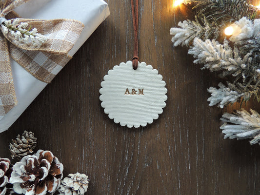 personalized white tree ornament with initials in gold foil