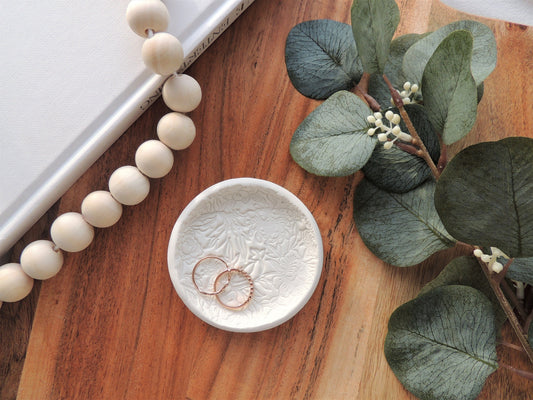patterned ring dish, white clay, photography prop