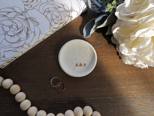 bridal floral themed ring dish with floral embossed pattern and gold foil initials