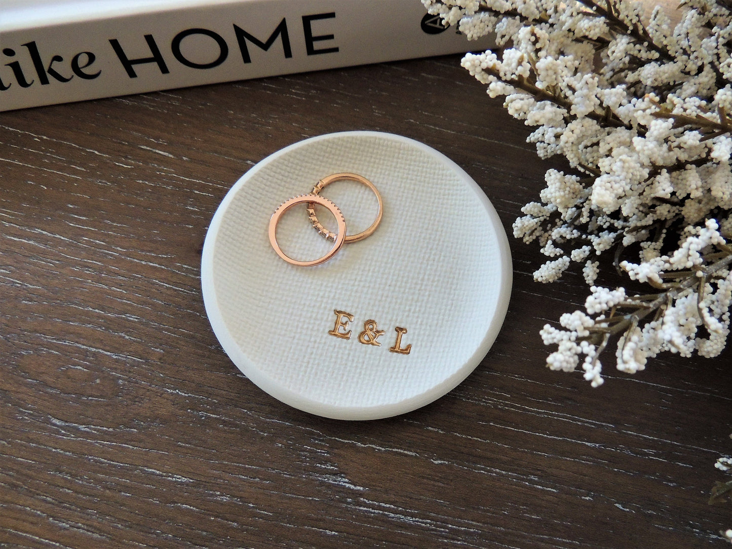 custom personalized ring dish with couples initials in bottom right gold foil, gift for wedding