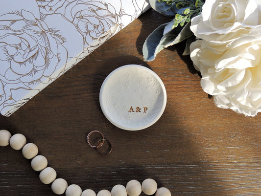 ring dish with floral embossed pattern and gold foil initials, gift for bride