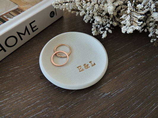 custom personalized ring dish with couples initials in bottom right gold foil