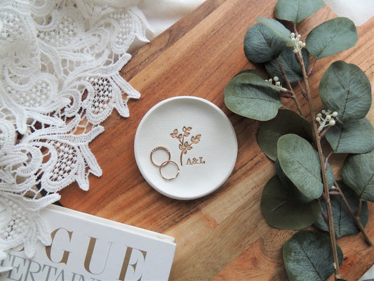 ring dish with branch design and initials in center, perfect couples gift