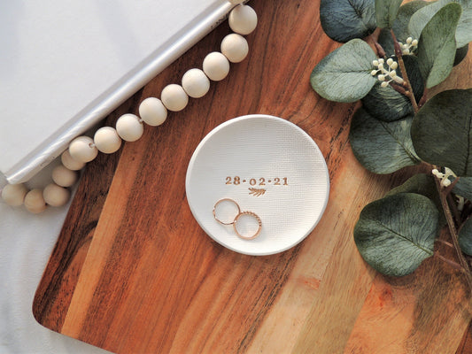 wedding date ring dish in gold foil, perfect for wedding couple gift