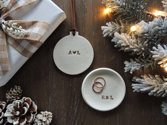 simple white ornament and ring dish set with custom initials in rose gold, gift for couples