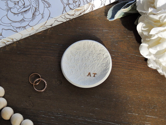 perfect gift for her on wedding day, personalized white clay ring dish with initials