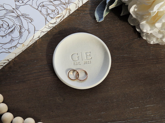 vintage simple white ring dish with personalized initials in center