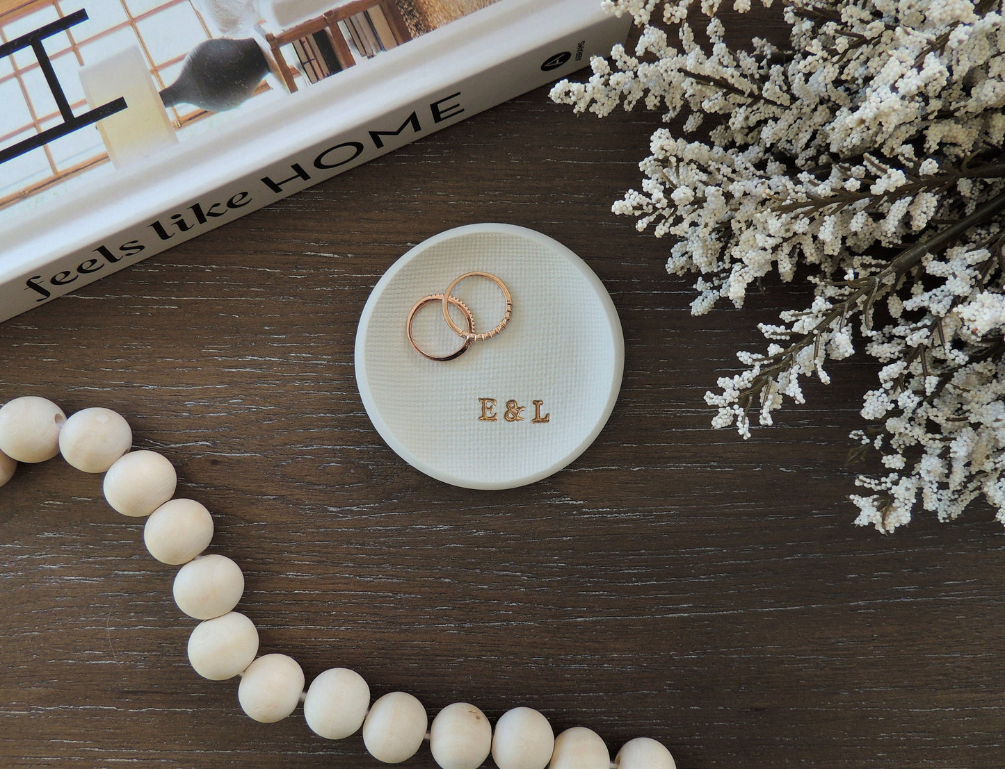 custom personalized ring dish with couples initials in bottom right gold foil