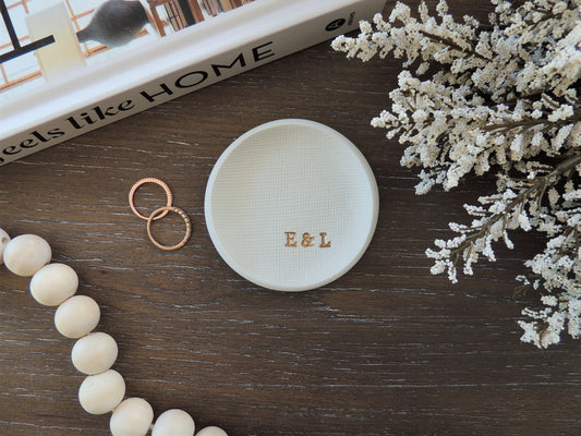 custom personalized ring dish with couples initials in bottom right gold foil