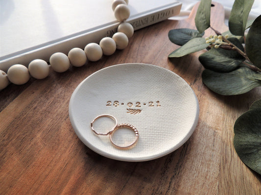 wedding date ring dish in gold foil, perfect for wedding couple gift